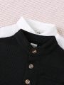 2pcs/Set Baby Boys' Basic Solid Color Half Placket Button Stand Collar Top