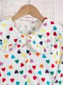 SHEIN Kids EVRYDAY Girls' Peter Pan Collar Heart Printed Long Sleeve Blouse