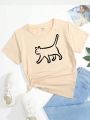 SHEIN Tween Girls' Cartoon Cat Printed Short Sleeve T-shirt