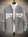 Men Letter Graphic Drop Shoulder Teddy Bomber Jacket