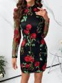 SHEIN Clasi Valentine's Day Women Mesh Patchwork Dress With Floral Pattern