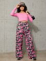 SHEIN Teen Girls' Off Shoulder T-shirt And Camo Side Pocket Long Pants Two Piece Outfits