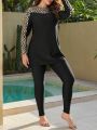 SHEIN Swim Mulvari Plus Size Women's Geometric Pattern Printed Long Sleeve Long Pants Swimsuit Set