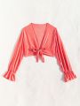 SHEIN Swim Mod Women's Long Sleeve Tie Front Cropped Kimono Cardigan