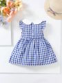 Baby Girls' Cute Grid & Floral Print Contrast Peter Pan Collar Dress With Bow Decoration, Spring