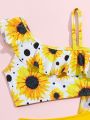 Little Girl's Sunflower Print Ruffle Swimsuit Set