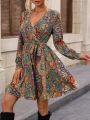 Paisley Print Surplice Neck Belted Dress