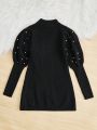 SHEIN Tween Girl Pearls Beaded Gigot Sleeve Mock Neck Sweater Dress Without Belt