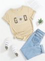 Tween Girls' Letter & Flower Pattern Short Sleeve T-shirt