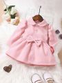 Baby Girl Solid Bow Front Peter Pan Collar Puff Sleeve Bow Front Coat