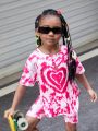 SHEIN Kids EVRYDAY Young Girl 2pcs/Set Casual Tie-Dye Heart Pattern T-Shirt And Shorts