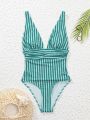 SHEIN Swim Vcay Striped Plunging Neck One Piece Swimsuit