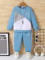 2pcs/set Boys' English Letter Pattern Spliced Round Neck Long Sleeve Sweatshirt And Jogger Pants, Spring And Autumn