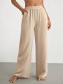 SHEIN Leisure Solid Color High Waisted Wide Leg Pants For Home Wear, Elastic Waistband