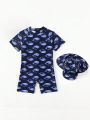 Boys' Whale Cartoon Print One-Piece Swimsuit And Hat