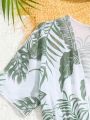 Tween Girls Tropical Plant Print Drawstring Waist Kimono Cardigan