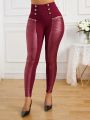 SHEIN Lady Women's Red Knitted Patchwork High Waisted Leggings