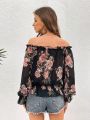 SHEIN VCAY Flower Pattern Off Shoulder Vacation Shirt