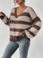 SHEIN Frenchy Color Block Stripe V-neck Sweater Pullover