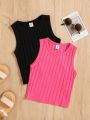 SHEIN Kids EVRYDAY 2pcs/Set Tween Girls' Rib Knit Casual Round Neck Tank Top