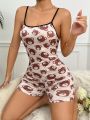 Cartoon Print Contrast Binding Cami Romper