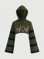 ROMWE Fairycore Women's Striped Hooded Cropped Sweater With Mushroom Embroidery