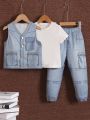 SHEIN Little Boys' Solid Color Short Sleeve T-Shirt And Denim Print Vest And Pants 2pcs Set