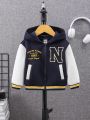 SHEIN Baby Boys' Letter Printed Colorblock Hooded Fleece Sweatshirt