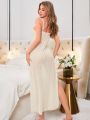 Women's Embroidered Thin Shoulder Straps High Split Nightgown