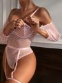 SHEIN Hollow Out Progressed Lantern Sleeve Heart Shaped Mesh Sexy Lingerie Set