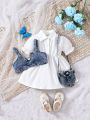 Baby Girl'S Denim Suspender And Puff Sleeve Dress Suit