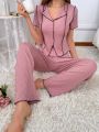 Women's Colorblock Short Sleeve Shirt And Long Pants Casual Suit