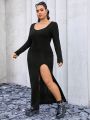 SHEIN EZwear Women's Solid Color Square Neck Plus Size Split Dress