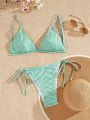 SHEIN Swim Basics Women'S Striped Pattern Knot Front & Side Tie Bikini Swimsuit Set