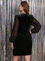 SHEIN Clasi Plus Contrast Mesh Lantern Sleeve Wrap Hem Velvet Bodycon Dress