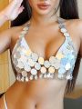 SHEIN Swim Y2GLAM Women'S Round Shaped Rhinestone Embellished Cover Up