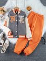 Tween Girls' Grey Bear & Letter Print Baseball Jacket And Orange Sweatpants 2pcs/set