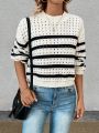 Women's Round Neckline Hollow Out Knitted Striped Sweater