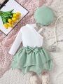 Baby Girls' Solid Color Stand Collar Shirt And Butterfly Decorated Skirt Set