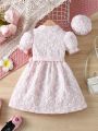 SHEIN Kids CHARMNG Young Girl's Elegant Turn-Down Collar & Puff Sleeve Jacquard Dress With Waist Belt And Hat For Summer