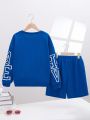 SHEIN Kids EVRYDAY Boys' Casual Letter Print Round Neck Pullover Long Sleeve Top And Shorts Knitwear Set