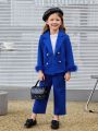 SHEIN Kids Nujoom Little Girls' Double Breasted Suit Jacket With Cuff Fur And Trousers Set