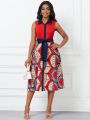 SHEIN Lady Women'S Printed Patchwork Belted Maxi Dress