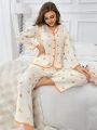 Women's Floral Printed Pajama Set With Contrast Trim, Long Sleeve