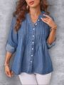 SHEIN LUNE Rolled Sleeve Denim Shirt Jacket With Single Breasted Button Closure