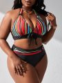 SHEIN Swim Vcay Plus Size Women'S Colorful Striped Halter Bikini Set