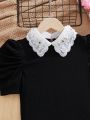 SHEIN Kids Nujoom Teen Girls' Slim Fit Casual Color Block Top With Rhinestone Decor, Organza Collar And Bubble Sleeves