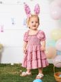 SHEIN Baby Girls' Ruffle Edge Frock With Puff Sleeves And Decorative Border