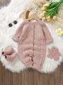 Baby Girl Raglan Sleeve Button Front Cable Knit Jumpsuit & Shoes & Gloves