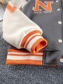 Tween Girls' Grey Bear & Letter Print Baseball Jacket And Orange Sweatpants 2pcs/set